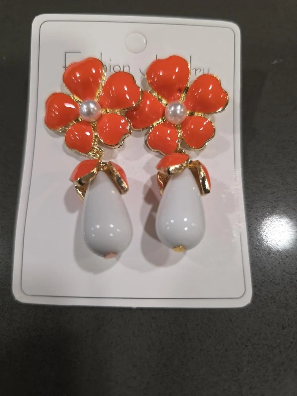 Elegant Orange Flower Drop Earrings with White Teardrop